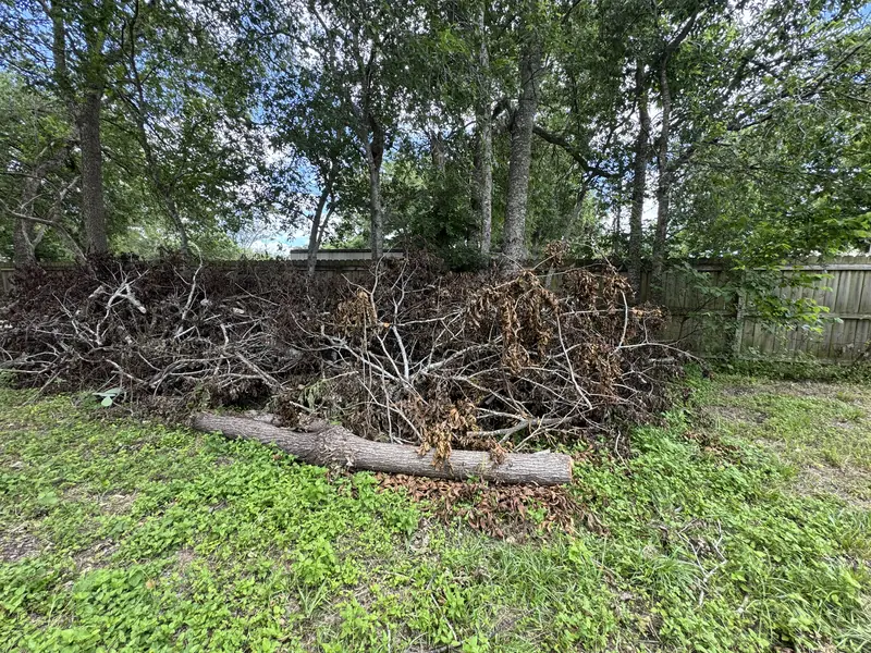 Long pile of cut brush, limbs and a log stacked along a fence line at a Martindale property